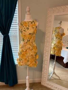 Yellow Floral Appliqué Mini Dress